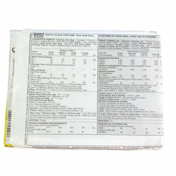 Vintage McCall's Sewing Pattern 8992 Santa Claus Costume Bag Doll Size XL Uncut - Picture 2 of 2
